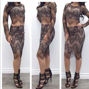 Black and nude eyelash lace midi skirt